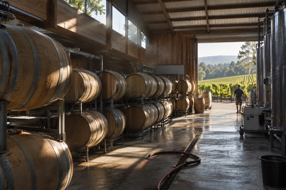 An oak barrel hall in a winery with sunlight through high windows