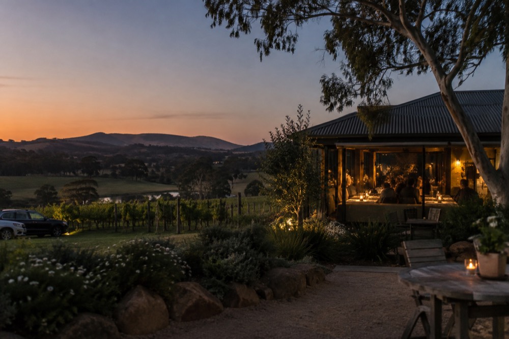 A small van parked on a gravel drive beside vineyard rows and a rustic cellar door building