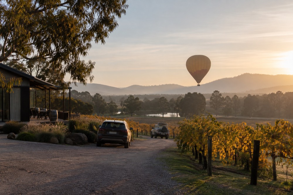 A hot air balloon drifting low over vineyards at sunrise