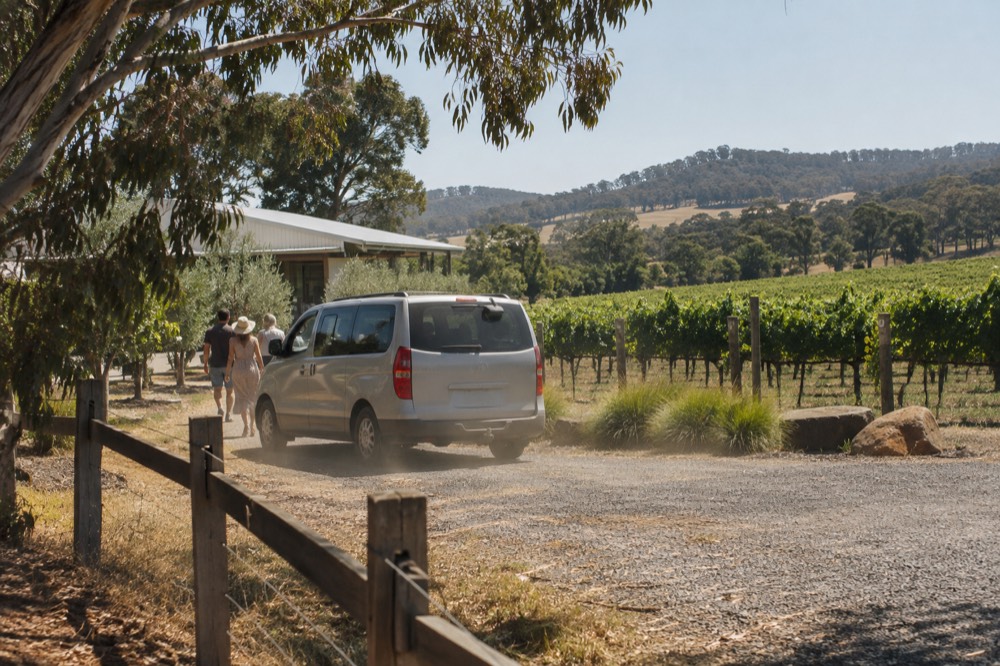 A small tour van parked on a gravel driveway beside a vineyard at midday