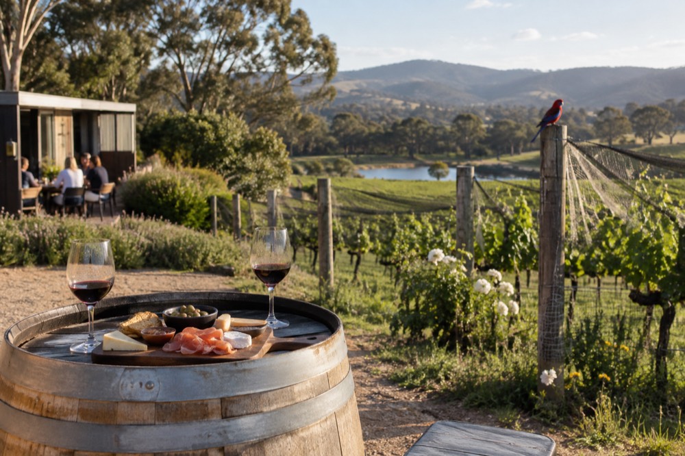 Shared platter and wine on a barrel table beside a vineyard fence line