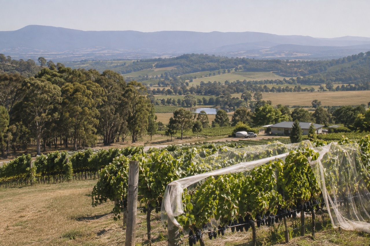Vineyard rows on rolling hills in the Yarra Valley with distant blue mountains