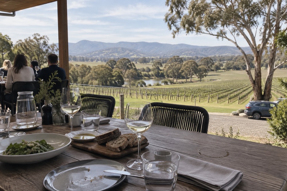 A winery lunch table set on a terrace with vine rows below and hills behind