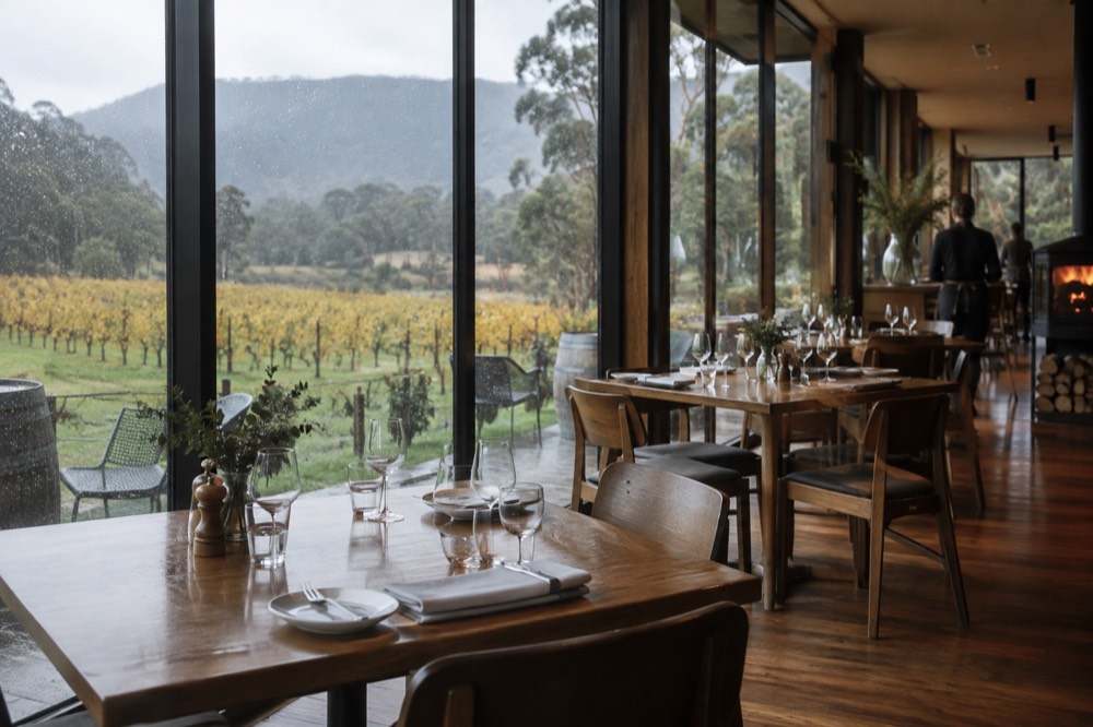 A winery restaurant dining room with tables set beside tall windows looking out over vines