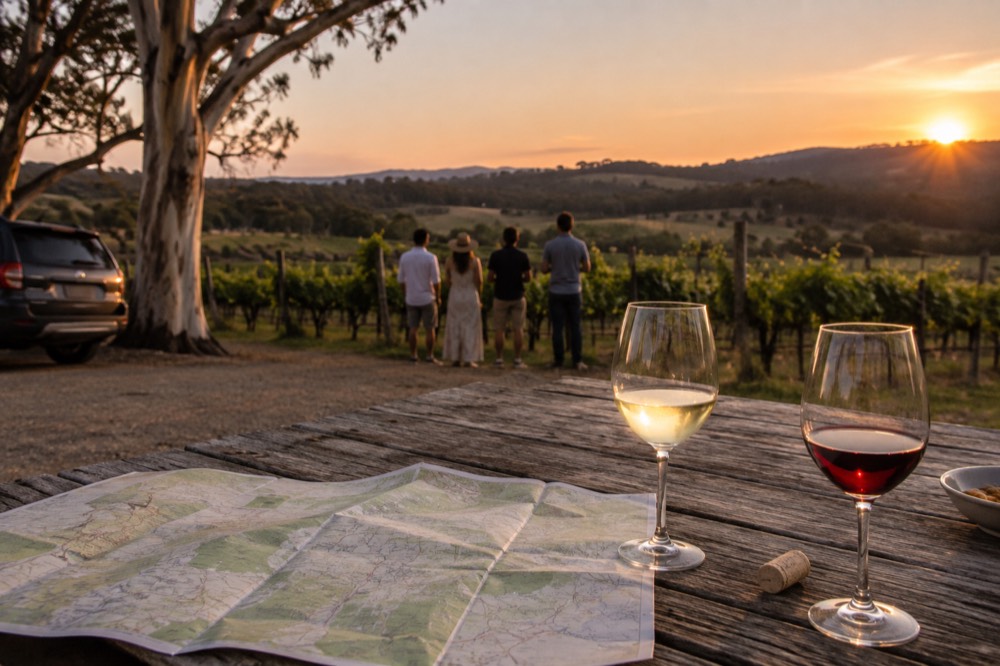 A map and glasses of wine on a picnic table while a group plans their day