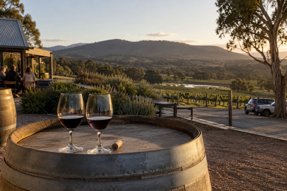 Two wine glasses on a barrel top with a vineyard valley behind them