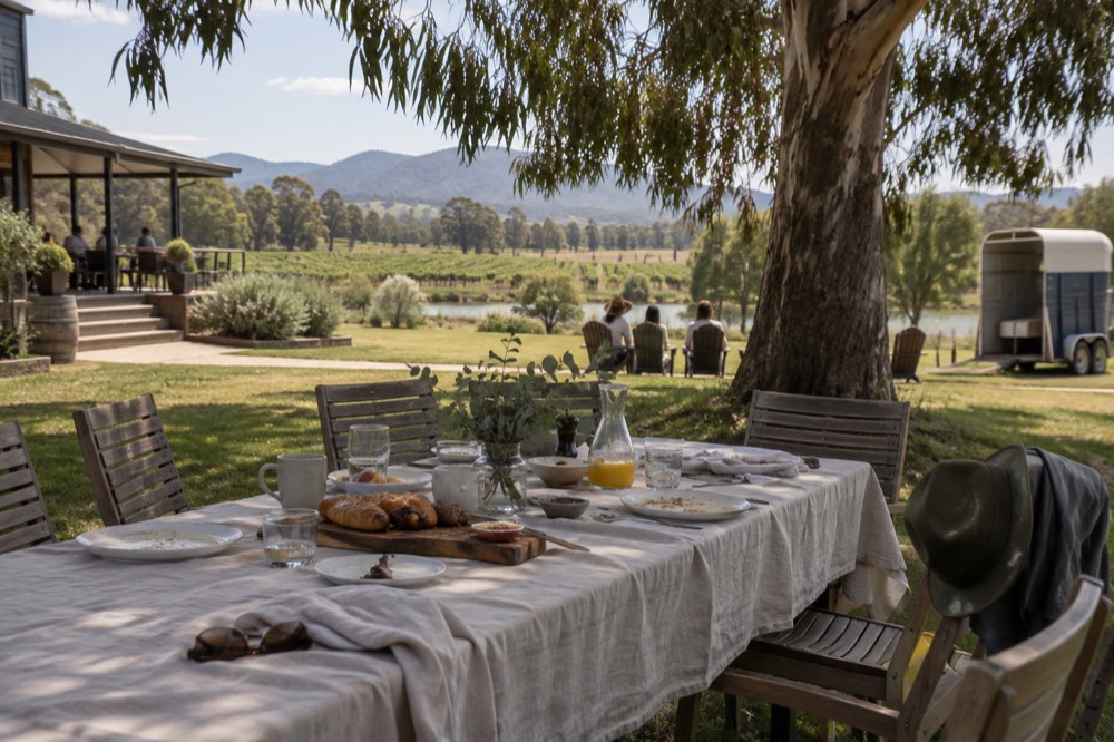 Long breakfast table set on a winery lawn with the balloon packed away behind