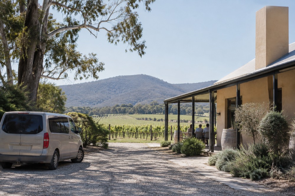 Small tour van parked outside a cellar door in the Yarra Valley