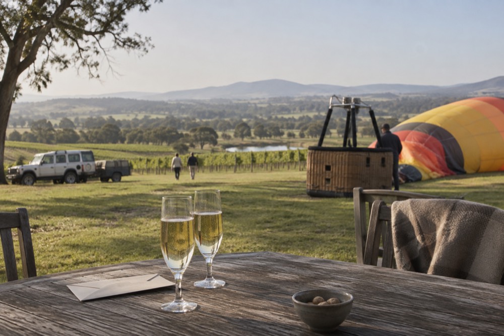 Champagne glasses on a table beside a packed balloon basket