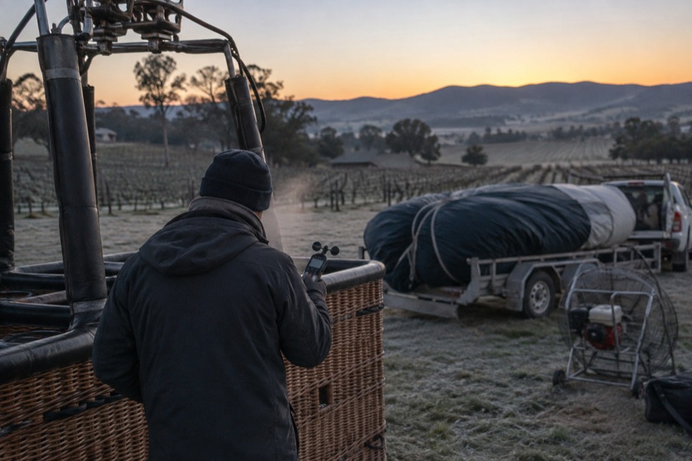 Pilot and crew checking weather instruments beside a balloon basket at dawn