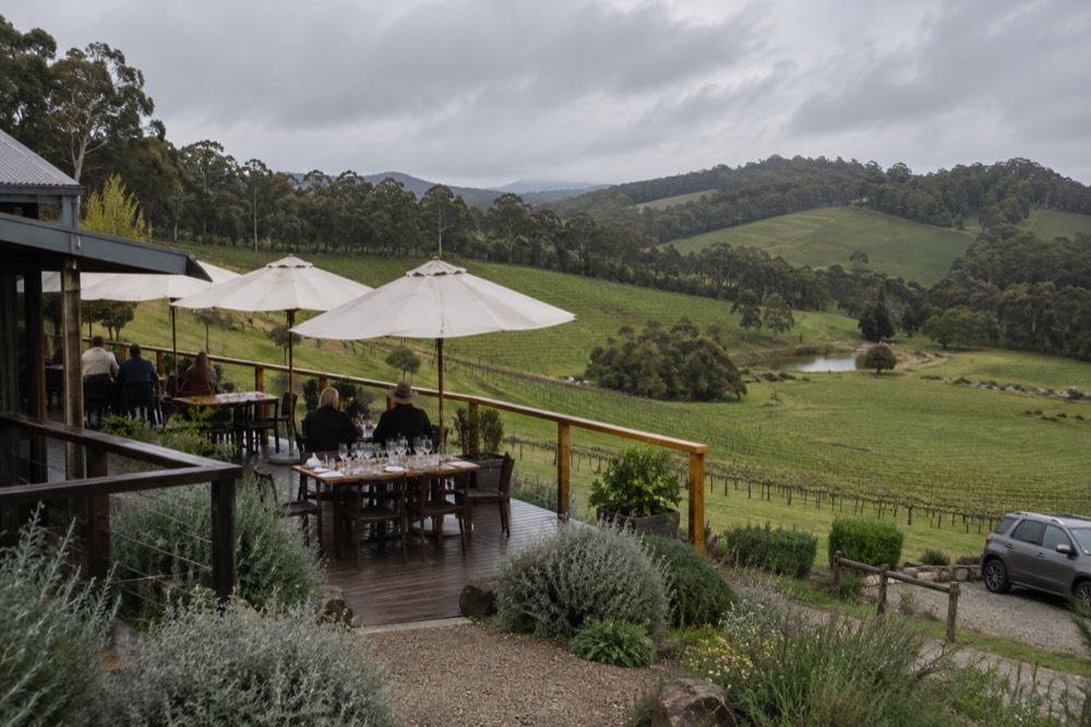 Outdoor deck at a winery with umbrellas and tables overlooking rolling green vineyard hills