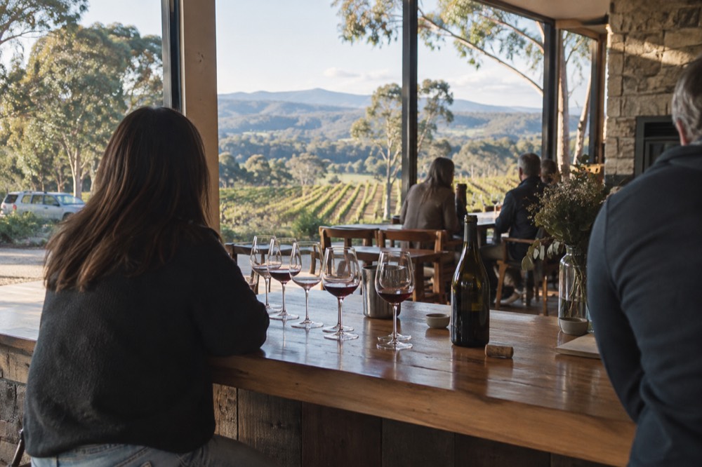 A small group of people gathered around a cellar door tasting bar with glasses of red wine