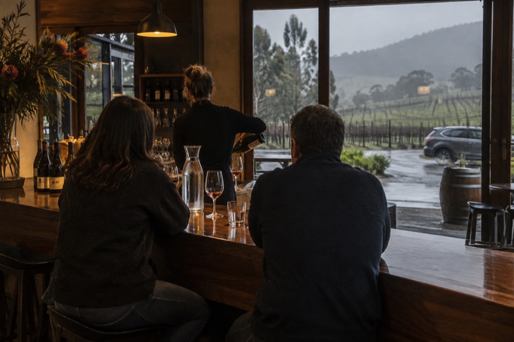 A small group tasting wine at a cellar door bar with a host pouring