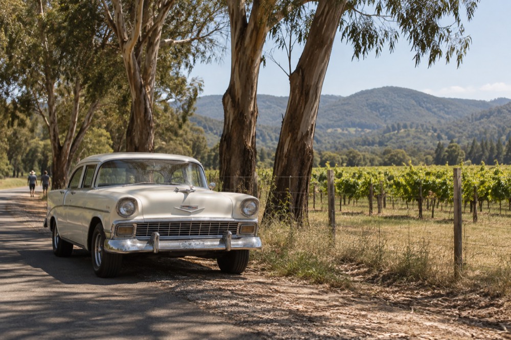 A vintage car parked on a country road beside a vineyard fence