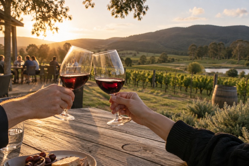 Two people clinking glasses at an outdoor table beside a vineyard