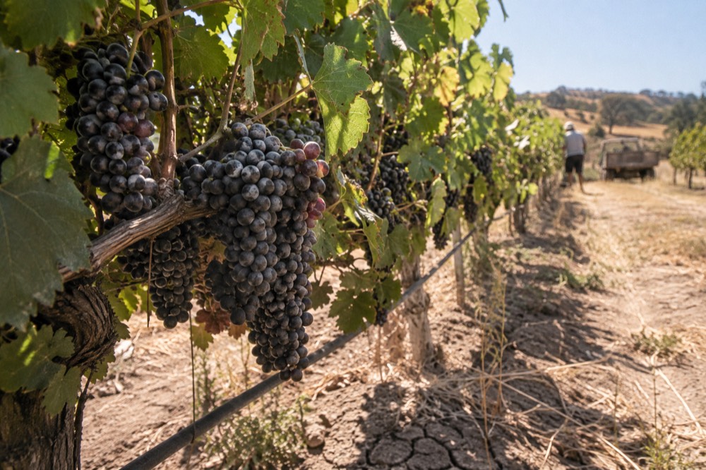 Close view of pinot noir grape clusters on the vine before harvest